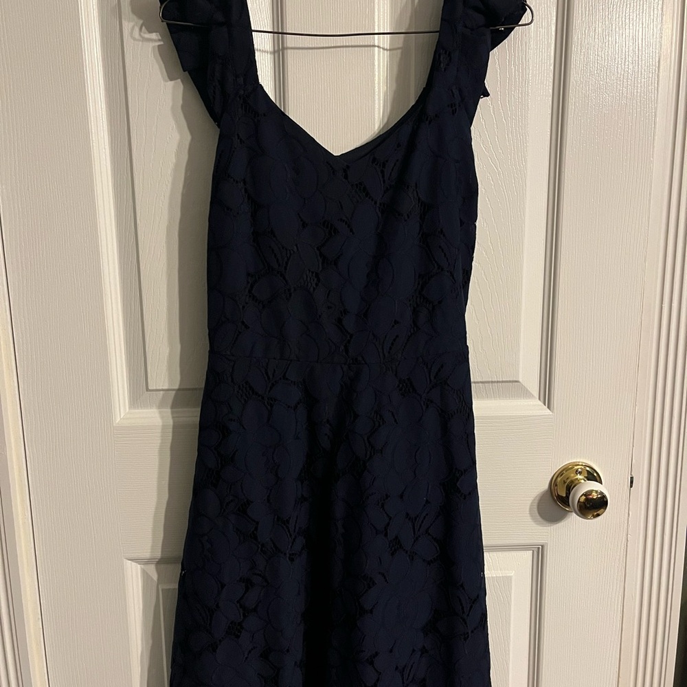 Lace-Overlay V-Neck Midi Dress in Navy